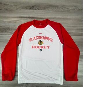 Reebok Chicago Blackhawks NHL Kids XL 18 White Red Raglan Long Sleeve Shirt